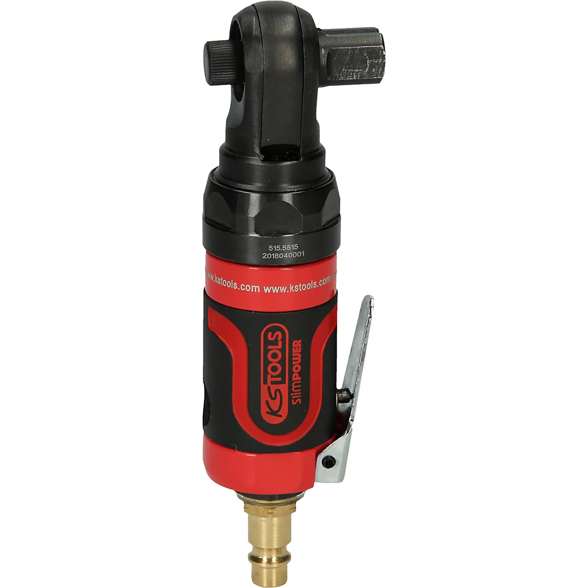 Schwarzer und roter Druckluft-Winkelschrauber, Marke KS Tools. Detailansicht.